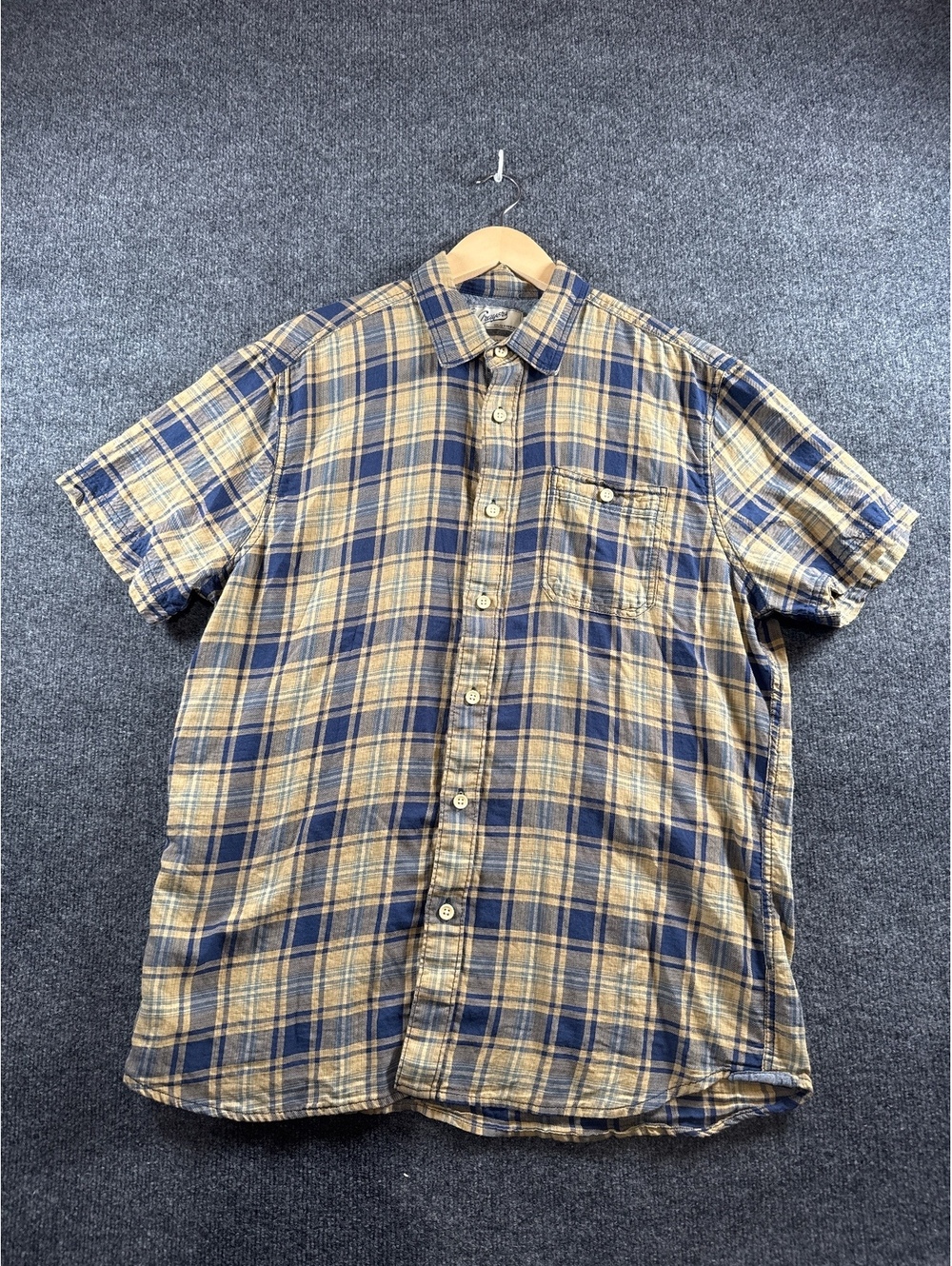 Grayers Plaid Button Up Shirt Men’s Large Tan Blue Short Sleeve 100% Cotton
